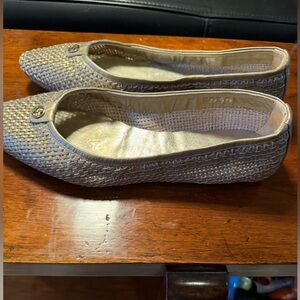 Giorgio Armani Womens Slip On Round Toe Woven Leather Ballet Flats Silver